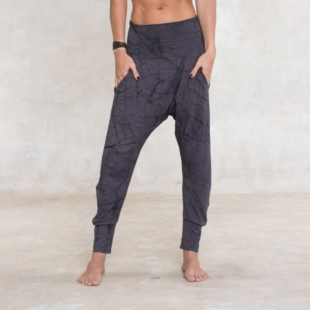 SATI Creation Women's Sz S Batik Long Drop Pants Deep Gray Harem Style Hippie